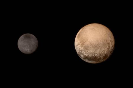 A color image of Pluto and its moon Charon captured on July 11, 2015 by New Horizons
