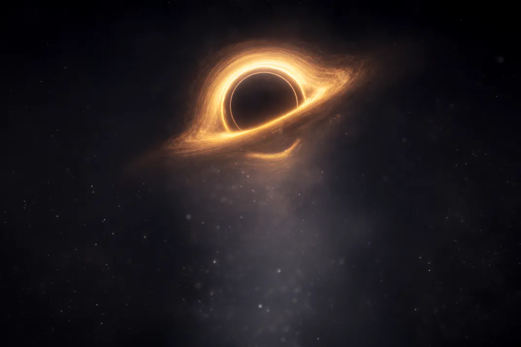 a dark, circular void with orange glowing material around it forming discs