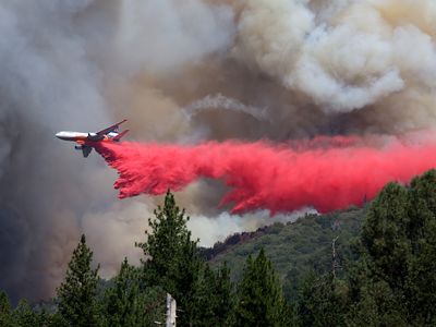 A firefighting aircraft drops retardant to stop the spread of the Oak Fire in California

