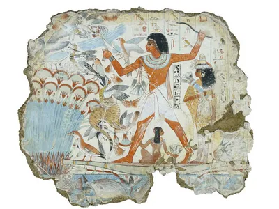 Egyptian blue on a fragment from Thebes, Egypt from around 1350 B.C. showing Nebamun hunting in the marshes