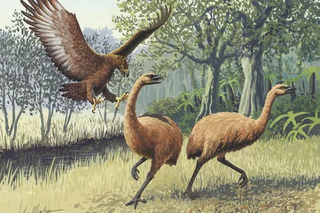 A Haast&rsquo;s eagle attacks a moa pair.