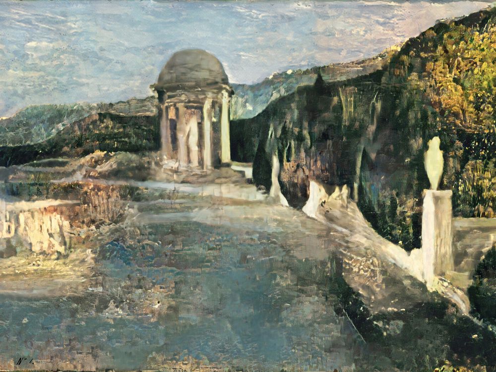 A nature scene with muted blues, greens and whites, of a small white cupola in front of rolling green hills and other marble elements