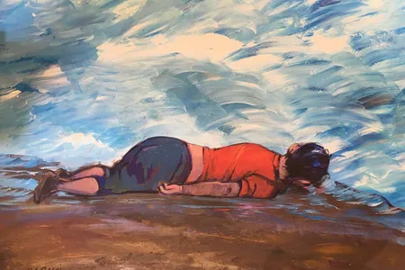 Muhammad Ansi, "Drowned Syrian Refugee Child (from Images seen on TV)," 2016.

"Muhammad Ansi, originally from Yemen, was detained at Guantánamo for almost 15 years before being released to Oman in January 2017. He learned to paint and draw at Guantánamo, working mainly in landscapes and still life. His art often features cities seen from far away, paths without beginning or end, and empty boats adrift at sea."
