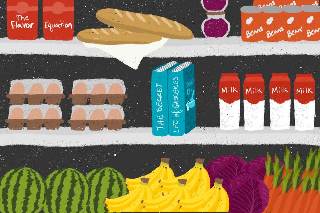 illustration of shelves with bread, cartons that say The Flavor Equation, vegetables and fruits, cans of beans, eggs, and two books titled The Secret Life of Groceries