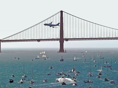 Low down and dirty: A United 747-400 flies a "dirty" pass (with flaps and gear down) by the Golden Gate Bridge during the 2010 Fleet Week Air Show.