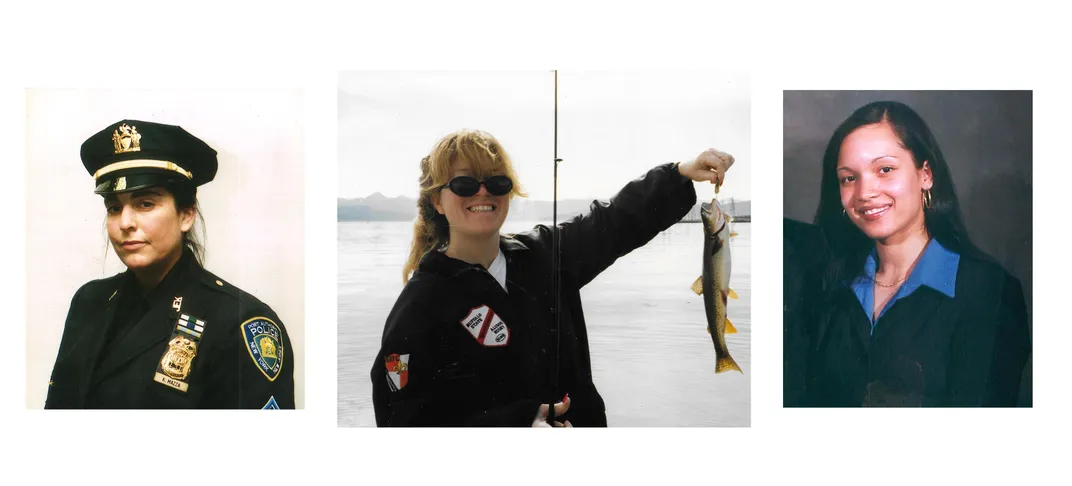 portraits of three women. One, far left, wears a Port Authority captain's uniform. The middle woman is holding a fish, and the right image is a professional headshot