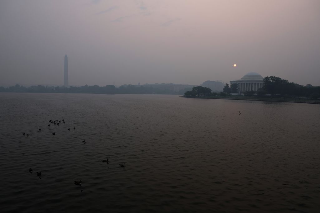 Hazy smoke over the Jefferson Memorial and Washington Monument in Washington, D.C.