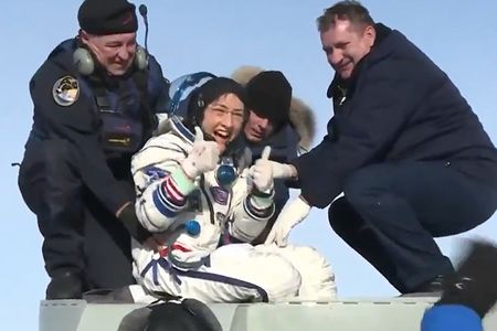 Christina Koch exits the Soyuz spacecraft on February 6.