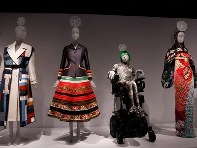 A selection of outfits designed by women on display at the Metropolitan Museum of Art