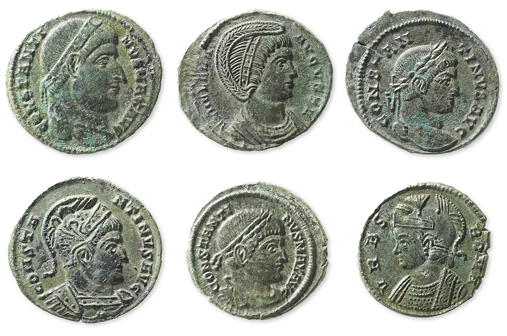 The coins were all minted during the reign of Constantine the Great (306 to 337 C.E.). They feature portraits of the emperor and his relatives on the front. Rahel C. Ackermann Inventory of Swiss Coin Finds