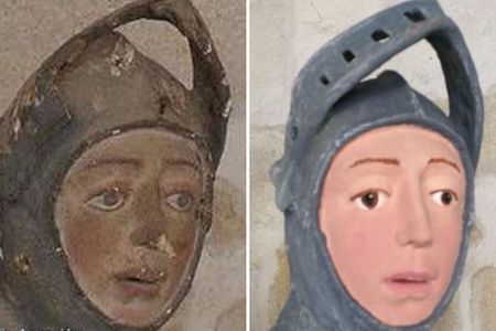 The sculpture of St. George before and after