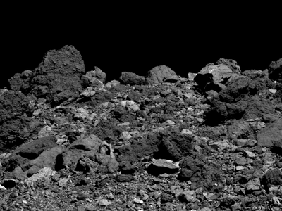 The surface of the asteroid Bennu, as seen in close-up by the Osiris-Rex spacecraft. Boulders this size (the largest, at upper left, is 48 feet wide) pose a danger to the touch-and-go mission.