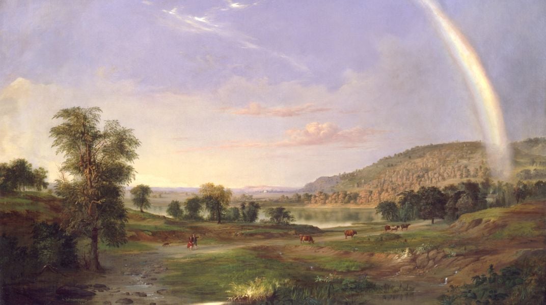 A landscape painting with a rainbow.