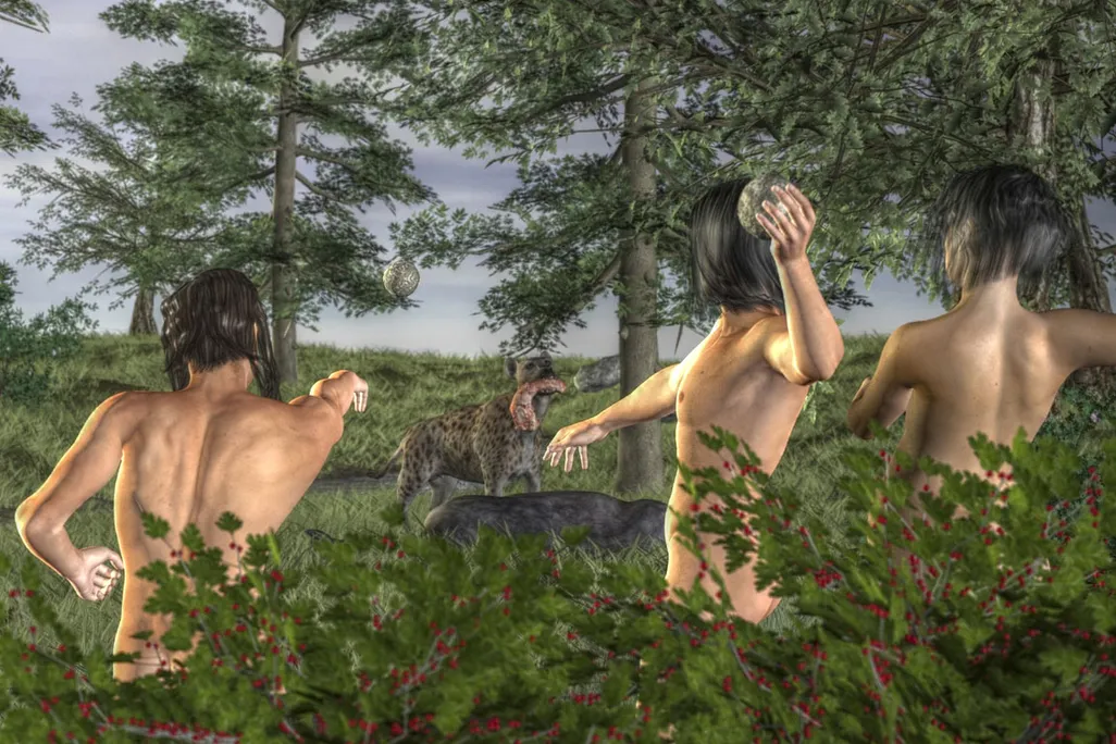 Hominins and a Hyena