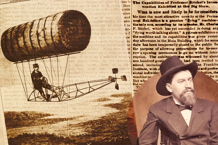 An illustration of Charles F. Ritchel, his flying machine and newspaper articles about his exploits