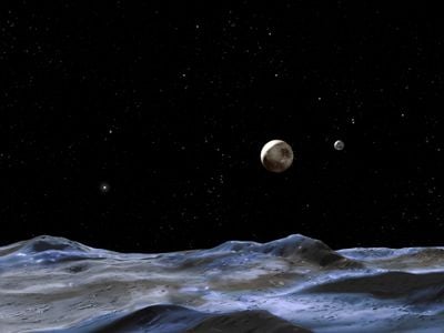 An artist's rendering of the Pluto system seen from the surface of one of its moons.