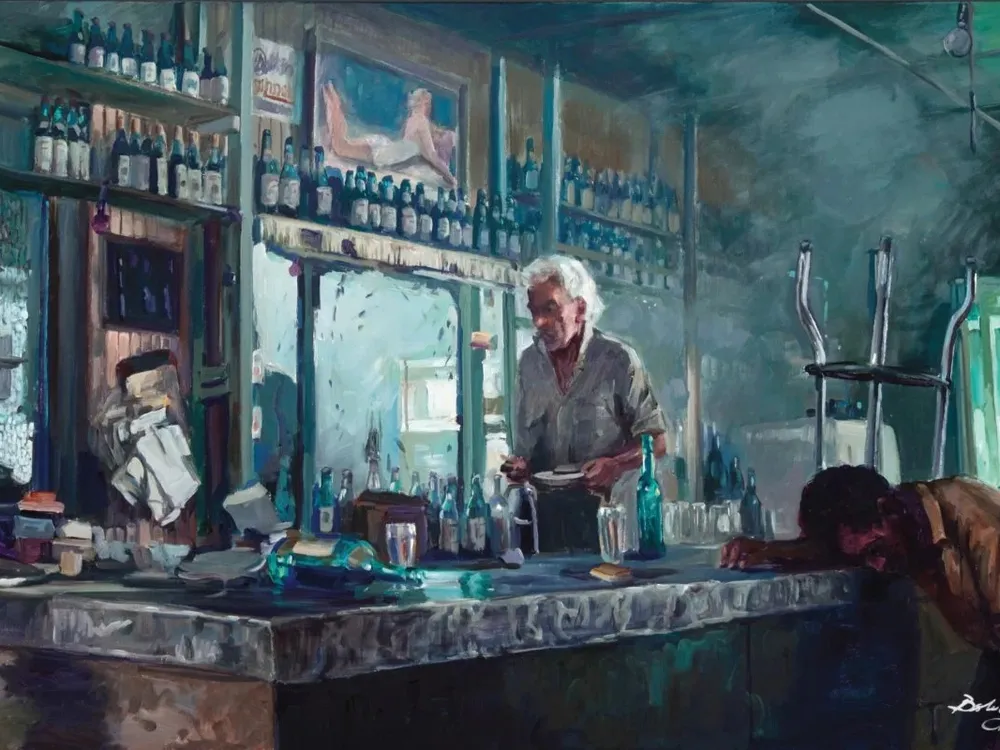 A painting of a man in a bar wiping a glass, while another man is asleep