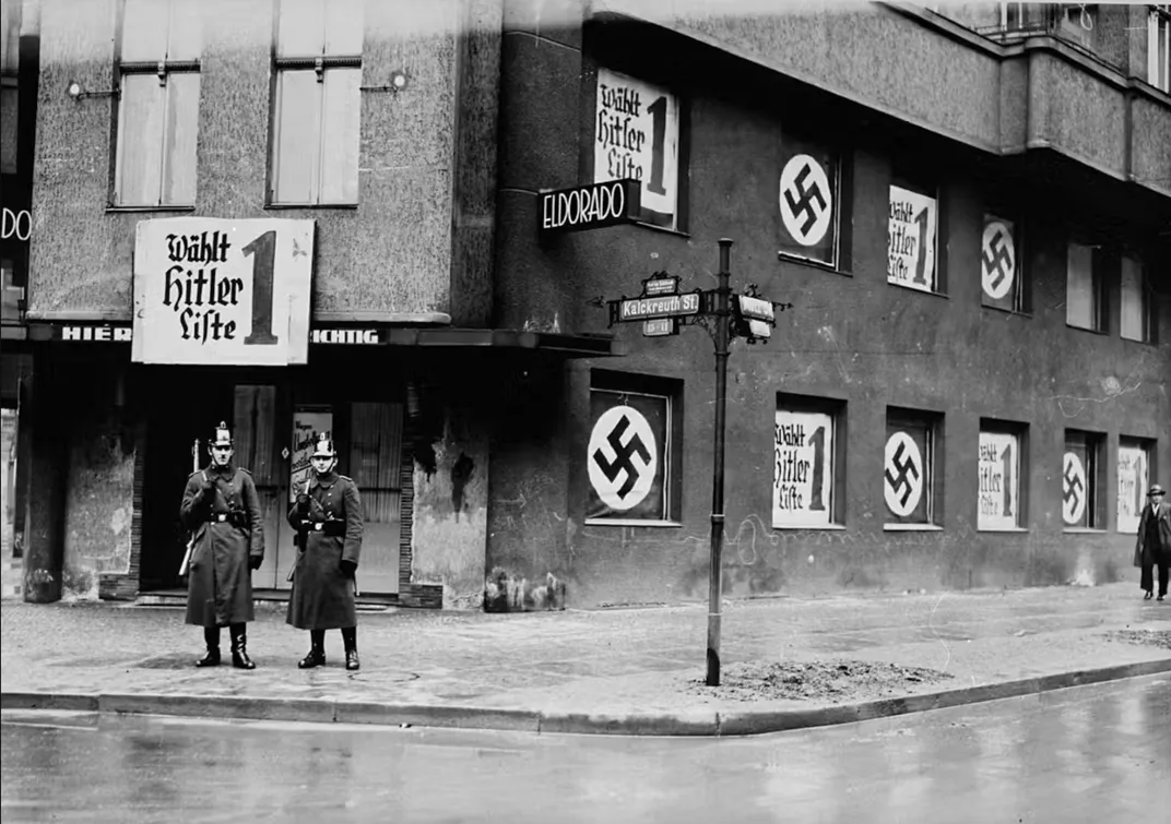 Nazi banners hang in the windows of the former Eldorado nightclub.