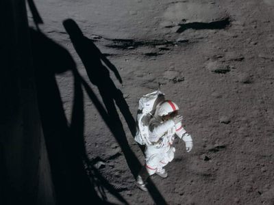 Alan Shepard on the lunar surface of the Moon during Apollo 14 mission. Photographed by Edgar D. Mitchell still inside Antares. (NASA)