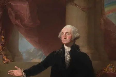 The rainbow at the top right in the window of the Lansdowne Portrait of George Washington (detail) was an 18th century symbol of God's blessings. 