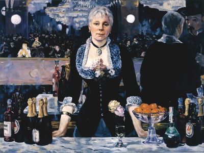 Kathleen Gilje, Linda Nochlin in Manet’s Bar at the Folies-Bergère, 2006, oil on linen, 37 x 51 inches.