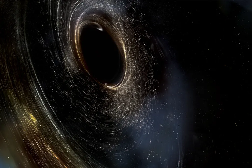 Artist’s conception of two merging black holes, spinning in a nonaligned fashion.
