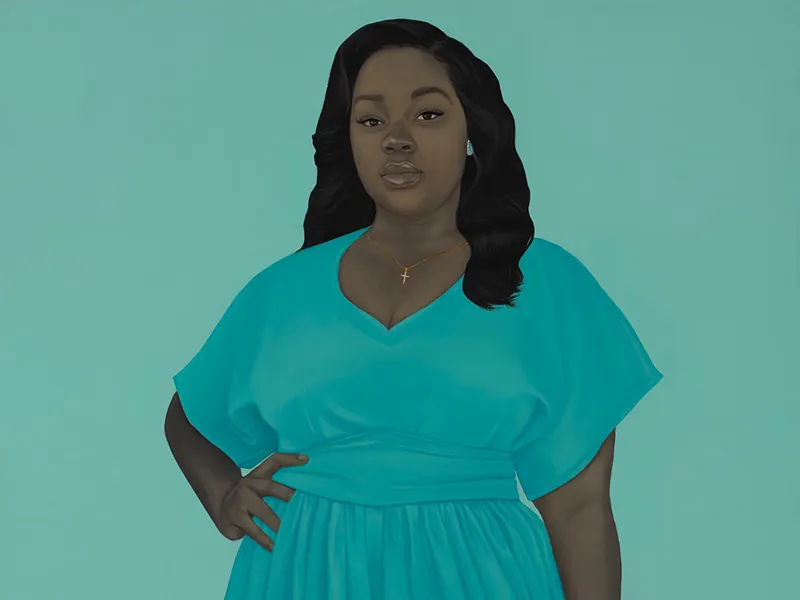 A portrait of Breonna, a young Black woman, stands in front of a light turquoise background and wears a flowy blue gown, with a ring on her figer, her hair curled and long and her right hand resting on her hip