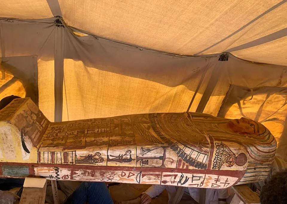 One of the 14 newly unearthed coffins