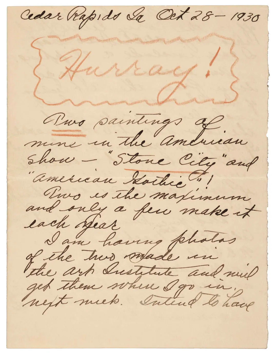Grant Wood Letter, 1930