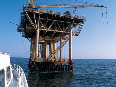 Oil platforms (above, the Spree tied to a Gulf of Mexico rig) serve as artificial reefs, attracting organisms with intriguing properties.