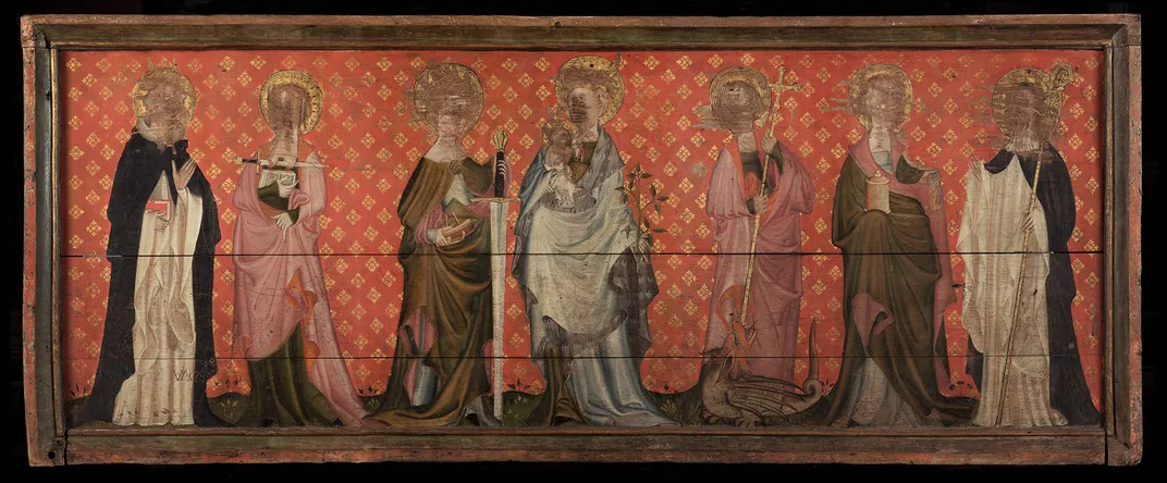A large oak altarpiece, probably made around 1400 for the Dominican nuns of Dartford Priory, featuring portraits of saints, including Agatha, Catherine and Margaret