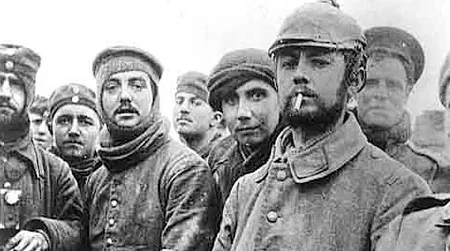 Riflemen Andrew and Grigg (center)—British troops from London—during the Christmas Truce with Saxons of the 104th and 106th Regiments of the Imperial German Army.