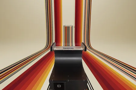 A Spectra Physics Model A supermarket scanner&mdash;one of the first ten ever produced. A laser within the unit projects a beam onto a mirror that redirects it through the glass plate on the top.