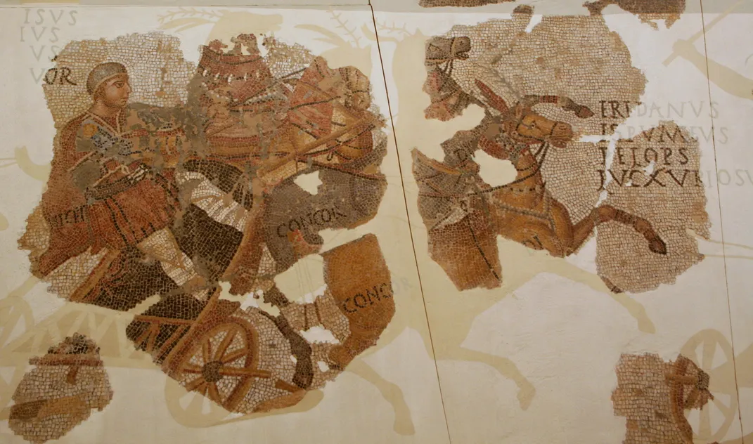 Mosaic of chariot racing in ancient Rome