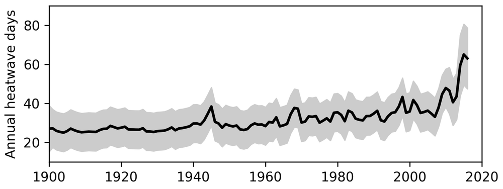 Yearly count of marine heatwave days from 1900 to 2016, as a global average.