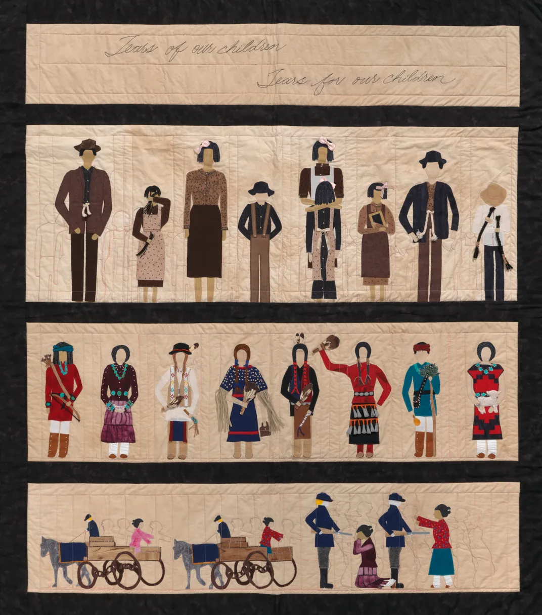 The quilted work “Tears of Our Children, Tears for Our Children” created by Susan Hudson (Diné/Navajo) depicts the effects of forced assimilation and boarding schools on the lives of Diné/Navajo children and adults.