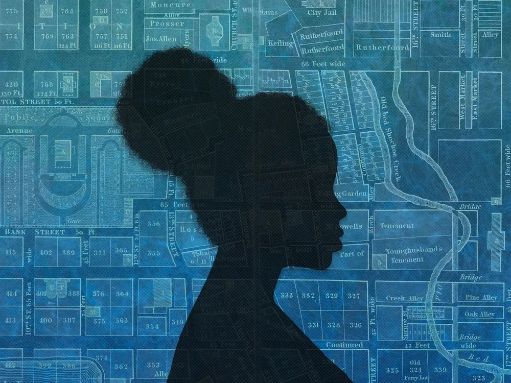 Silhouette of a Black woman overlaid on map of 1860s Richmond
