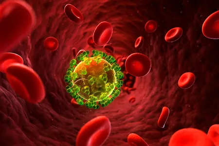 An artist's interpretation of HIV in the bloodstream