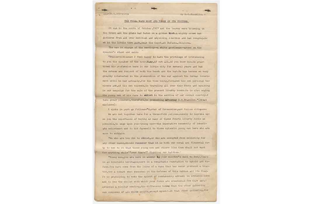 A yellowed sheet of paper with typewriter text, titled The Tulsa Race Riot by B.C. Franklin