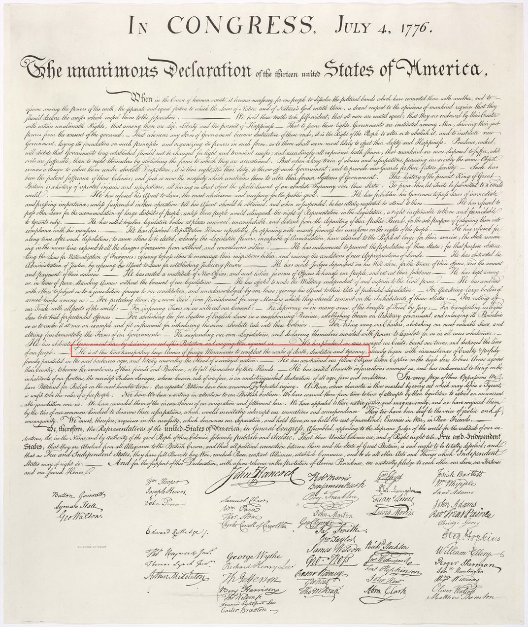 A facsimile of the Declaration of Independence, with the line about "foreign mercenaries" circled in red