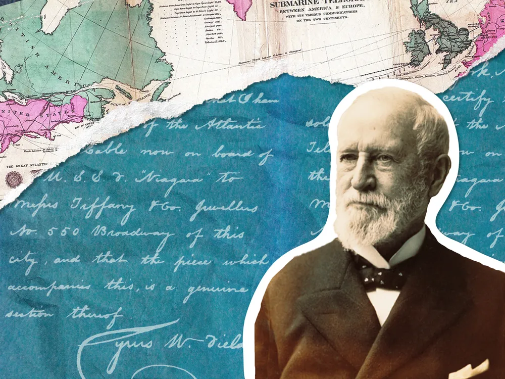 An illustration of Charles Lewis Tiffany, in front of a map of the trans-Atlantic telegraph cable