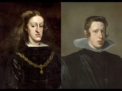 A portrait (by Juan Carreño de Miranda) of Charles II, the last of the Spanish Habsburg kings, and his father, Philip IV (painted by Diego Velázquez, of whom the king was a patron). Both men had prominent jaws, which a new study concludes is most likely the result of the family's inbreeding. 
