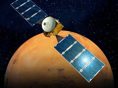 Artwork depicts the European Space Agency's Mars Express spacecraft, which was launched from Earth in June, 2003 carrying the Beagle2 lander. Mars Express continues to function even today.
