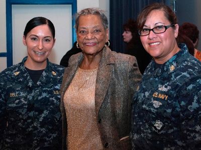 Navy Chief Petty Officers are pictured with retired Navy engineer Raye Montague after her keynote speech at a Women's History Month Observance held at Naval Support Activity South Potomac on April 4, 2017. 