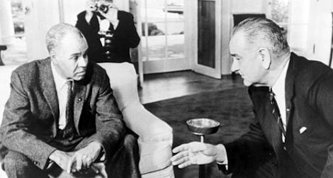 Roy Wilkins (left) with Lyndon B. Johnson at the White House on November 29, 1963