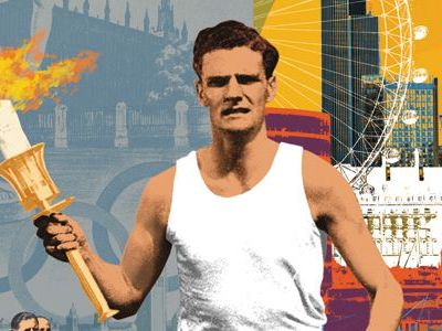 An illustration of a man holding a torch in front of artistic renderings of historic images