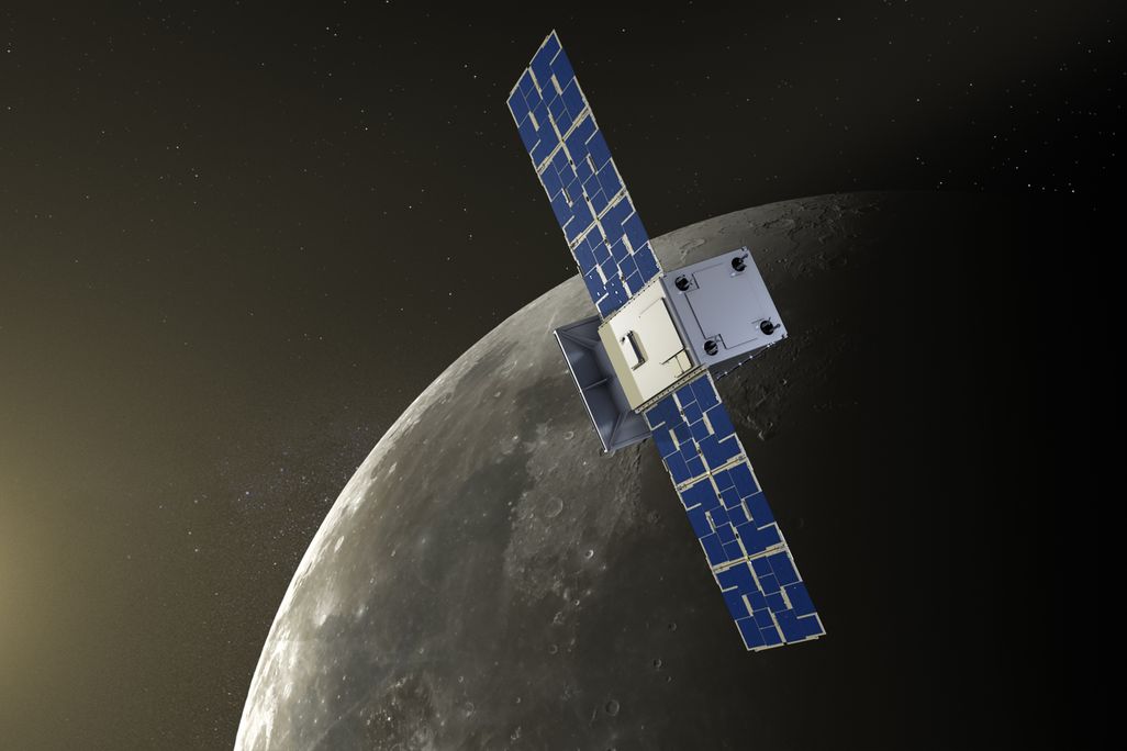 An illustration of the CAPSTONE spacecraft in orbit near the moon