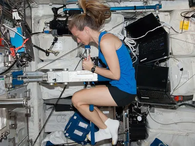 Astronaut Karen Nyberg using the Space Linear Acceleration Mass Measurement Device (SLAMMD) on board the space station.