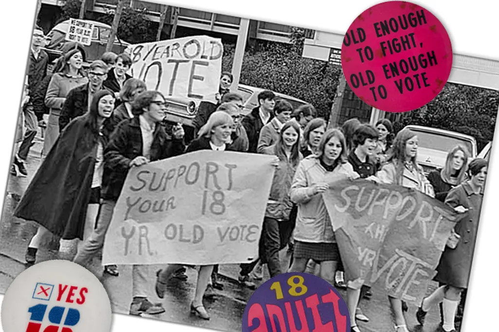 buttons in support of the 26th Amendment on top of a photo of young people marching