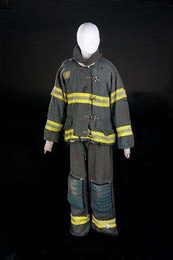 Donated bunker gear worn by Leary in the show “Rescue Me”